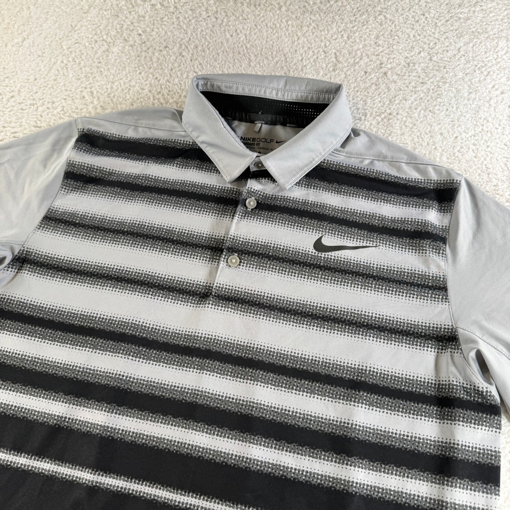 Nike Golf Polo Shirt Mens Medium Grey Black Excellent Striped Dri-Fit Clean